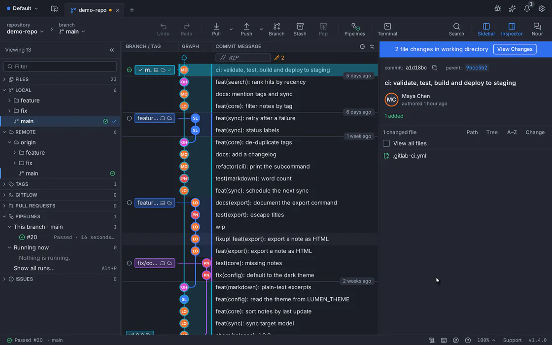 GitTree-Demo: eine GitLab CI/CD-Pipeline, die fehlschlägt, behoben wird und besteht