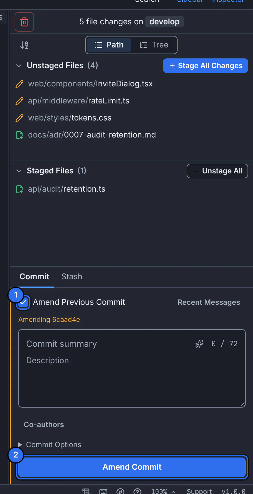 The GitTree commit form with Amend Previous Commit on and the Amend Commit button numbered