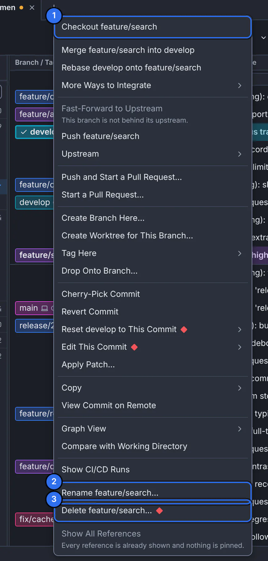 The menu of the feature/search branch in GitTree with Checkout, Rename and Delete numbered
