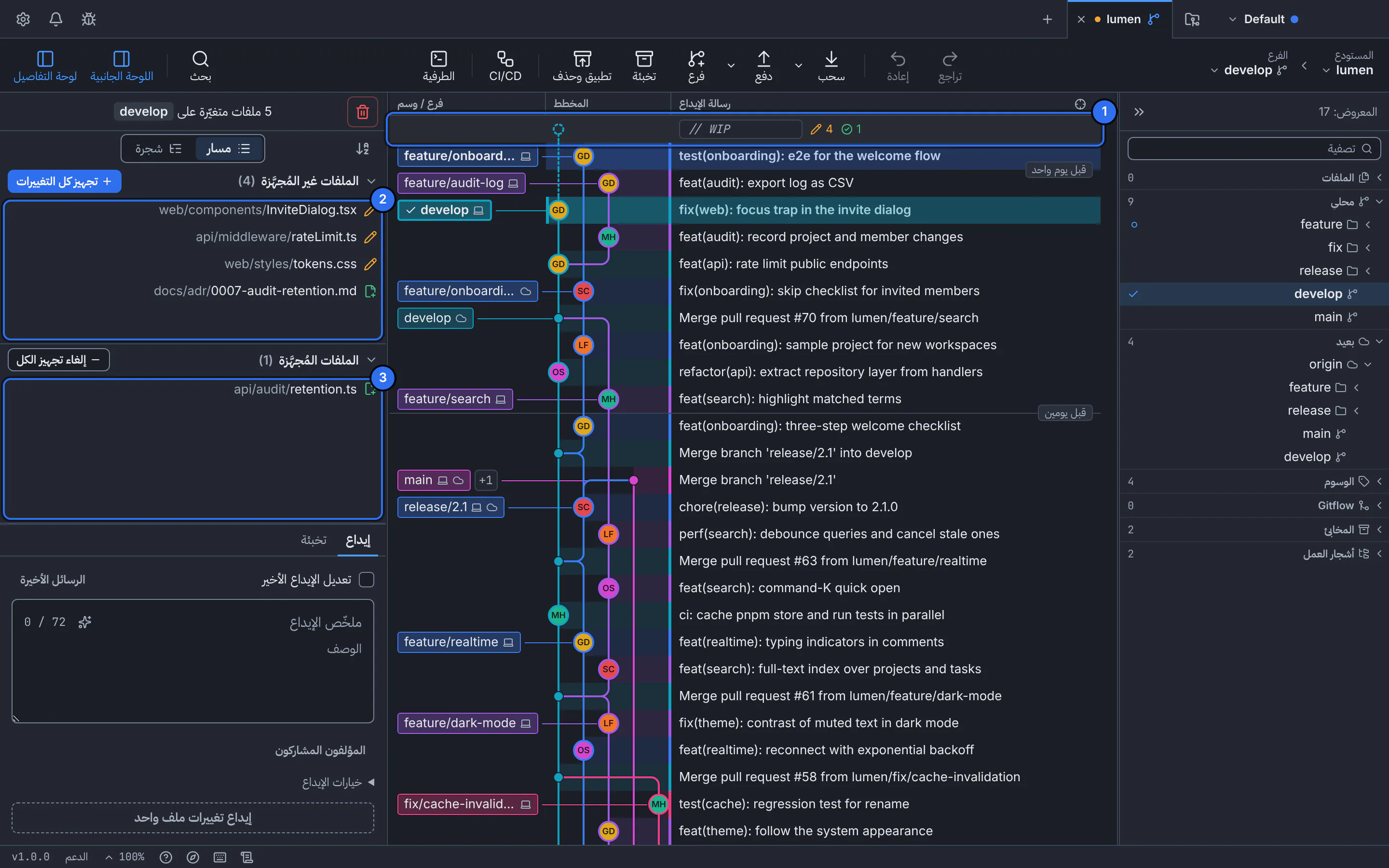 لوحة تغييرات العمل في GitTree مع ترقيم صف WIP والملفات غير المُجهَّزة والملفات المُجهَّزة