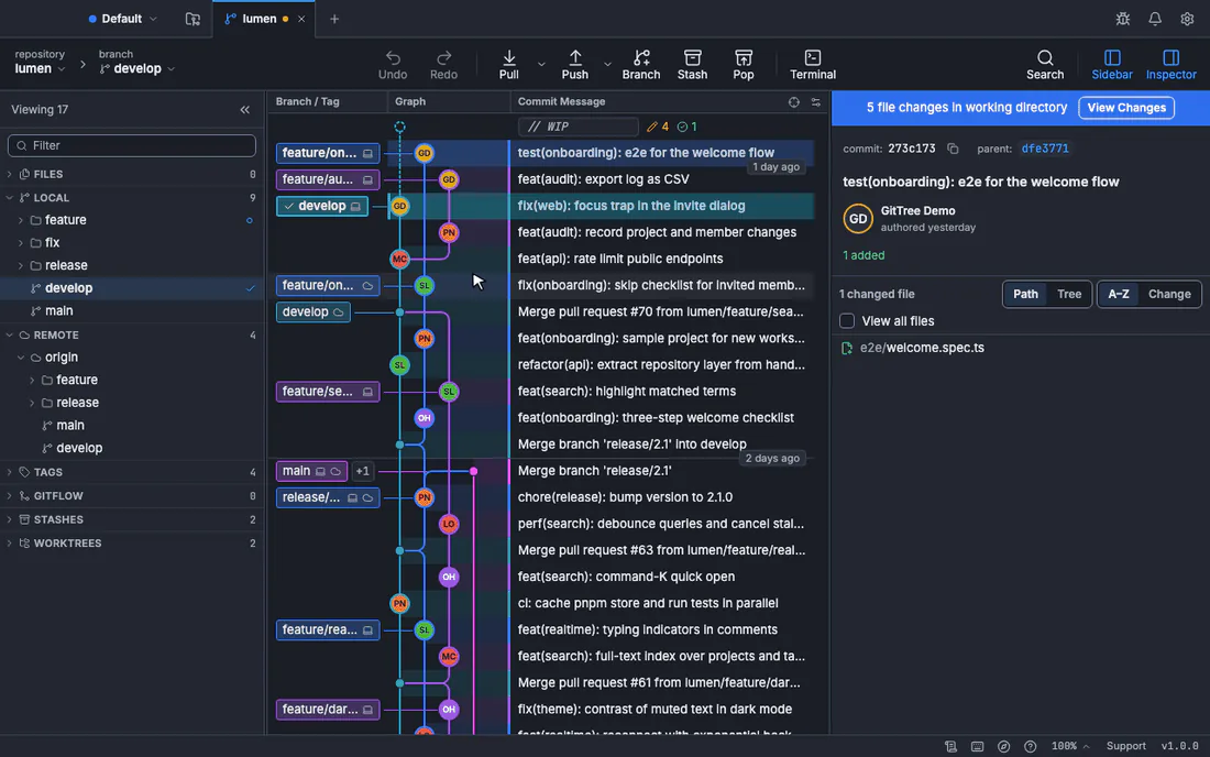 Beobachten Sie, wie ein Commit im Diagramm ausgewählt, sein Menü geöffnet und ein Cherry-Pick-Commit ausgewählt wird.