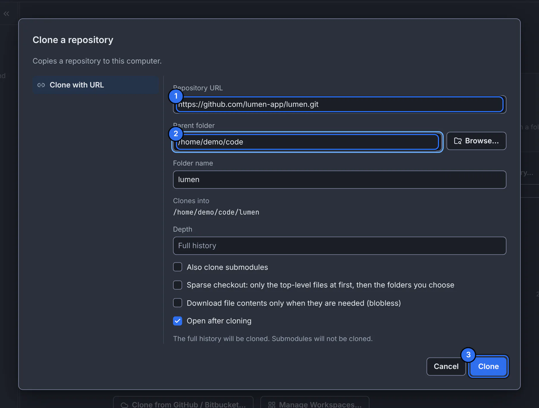 The Clone a repository dialog with a GitHub URL and a parent folder filled in