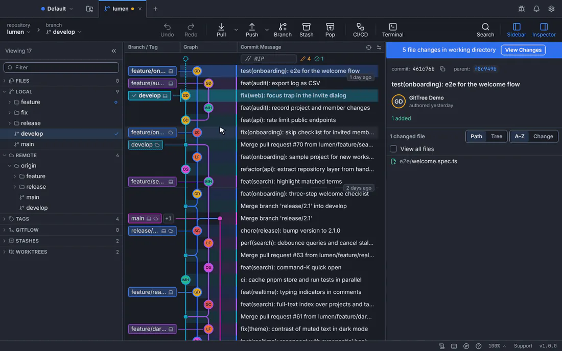 Animation: the command palette opens, “branch” is typed and the matching branch commands are listed with their shortcuts