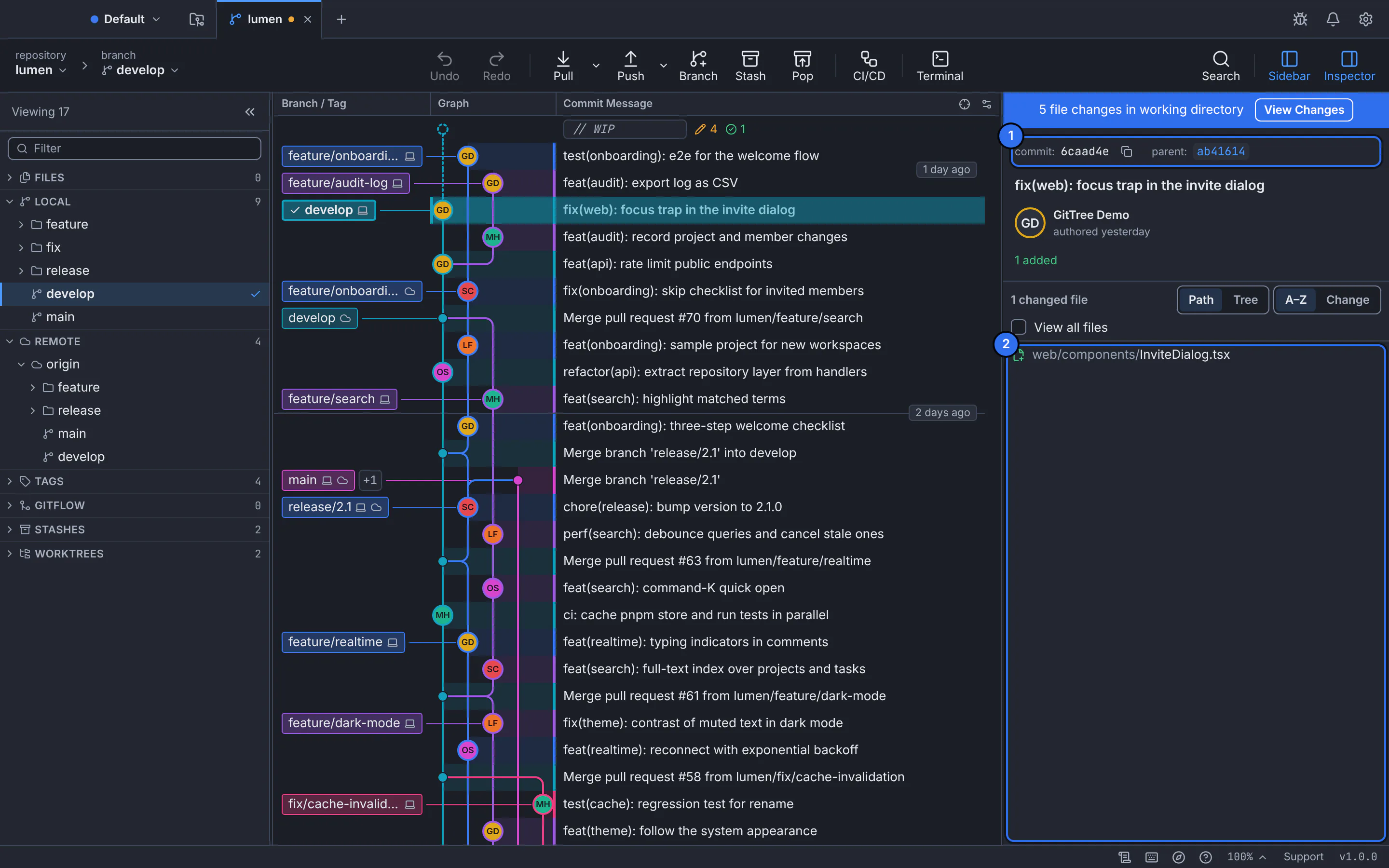 GitTree with a commit selected and its details in the inspector: SHA, parent, author and the list of changed files