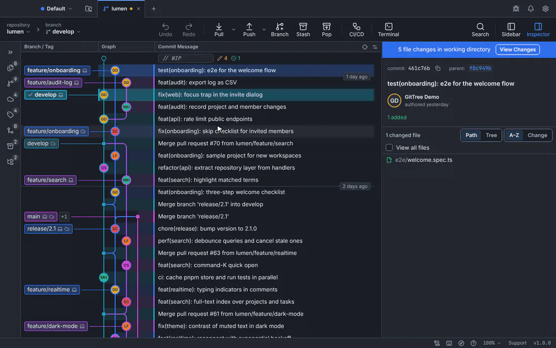 Animation: the changes open, a file is staged, a summary is typed and the commit button is pressed