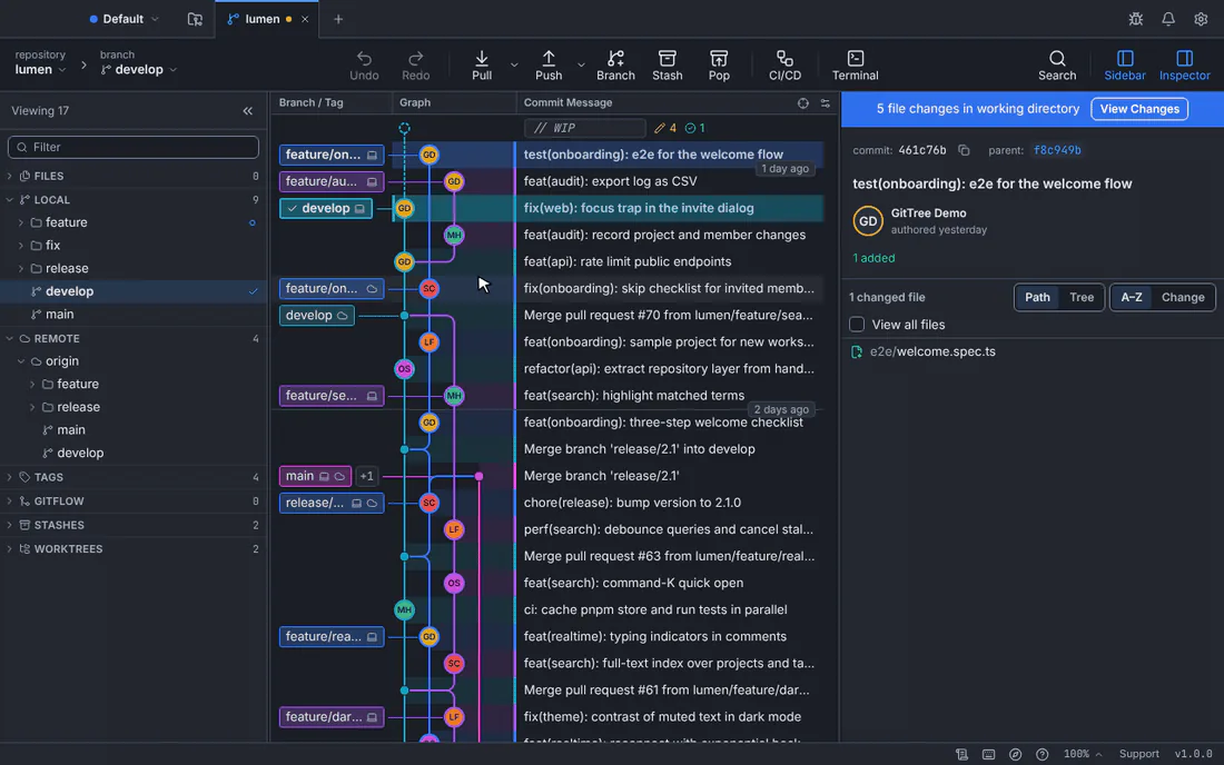 Animation: the interactive rebase editor opens, one commit is set to Squash and another to Reword