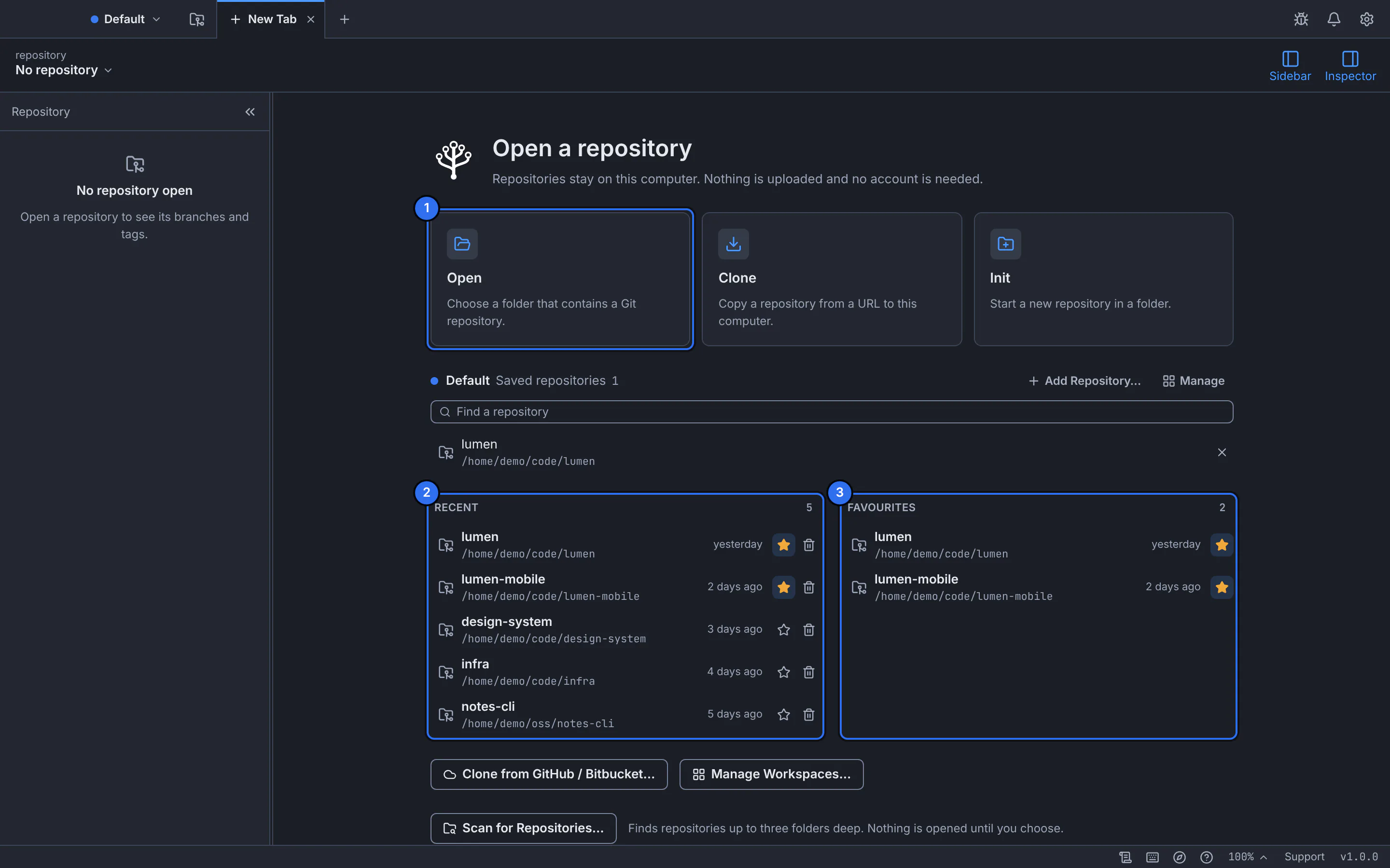 The GitTree new tab with the cards to open, clone and create a repository, and the recent and favourite repositories