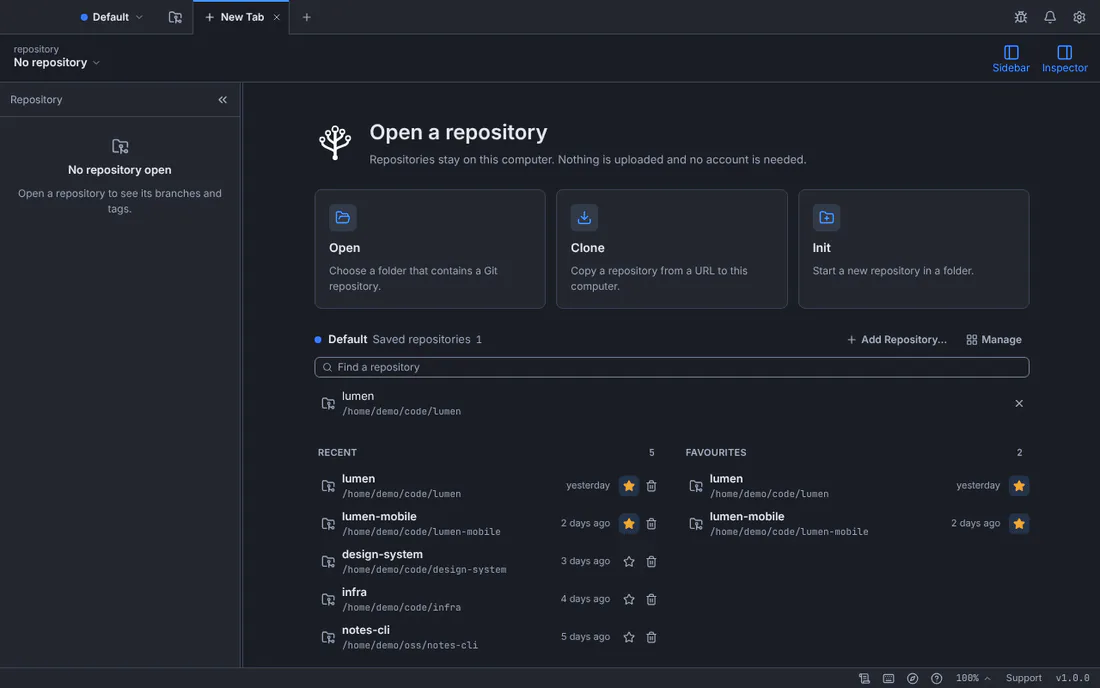 Animation: the Open card is clicked on the New Tab page and the lumen repository opens in a new tab with its commit graph