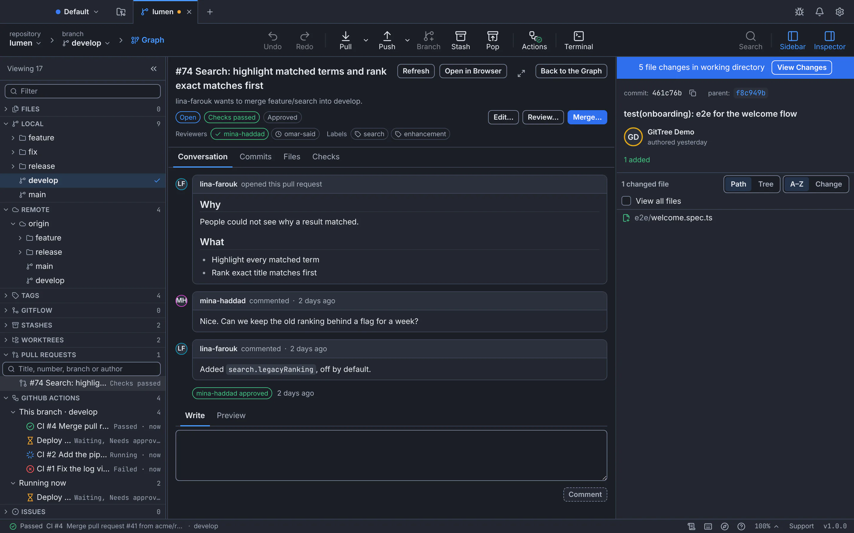 Pull request #74 open in GitTree with its status, reviewers, labels, conversation and the Review and Merge buttons