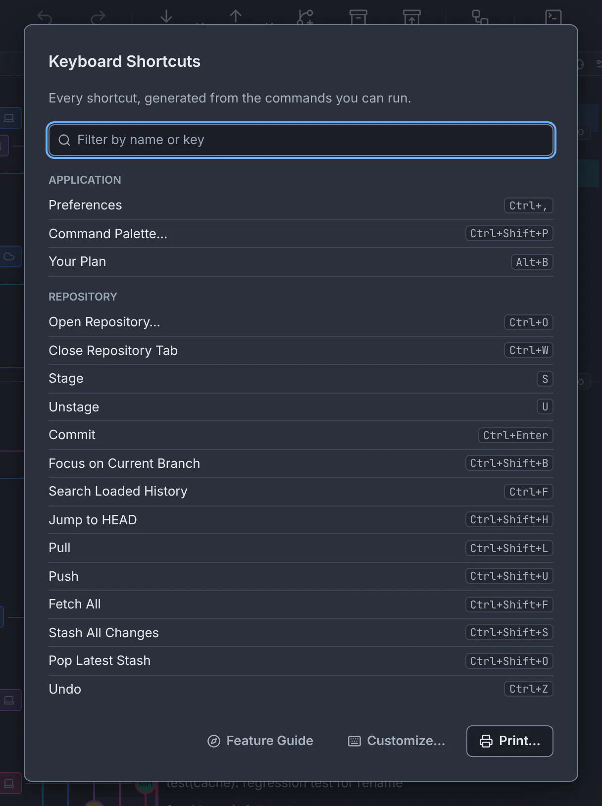 The GitTree Keyboard Shortcuts sheet with a filter field and shortcuts grouped by area