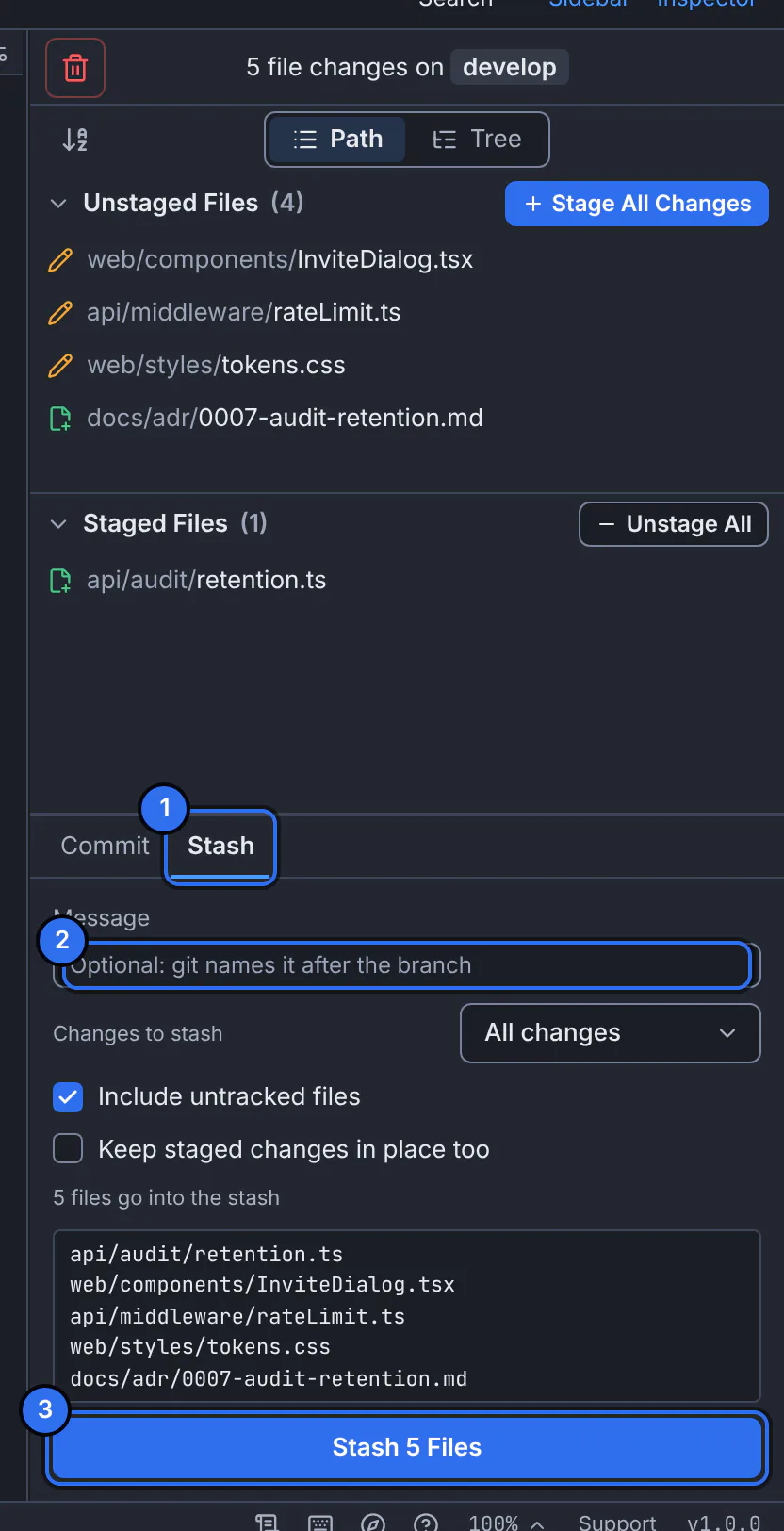 The Stash tab of the GitTree changes panel with the message field and the Stash button numbered