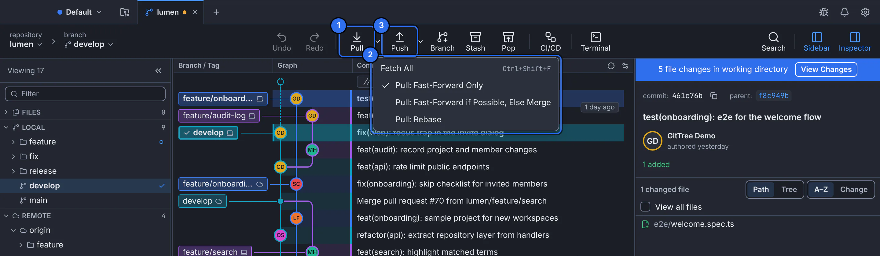 The GitTree toolbar with Pull, the pull options menu and Push numbered
