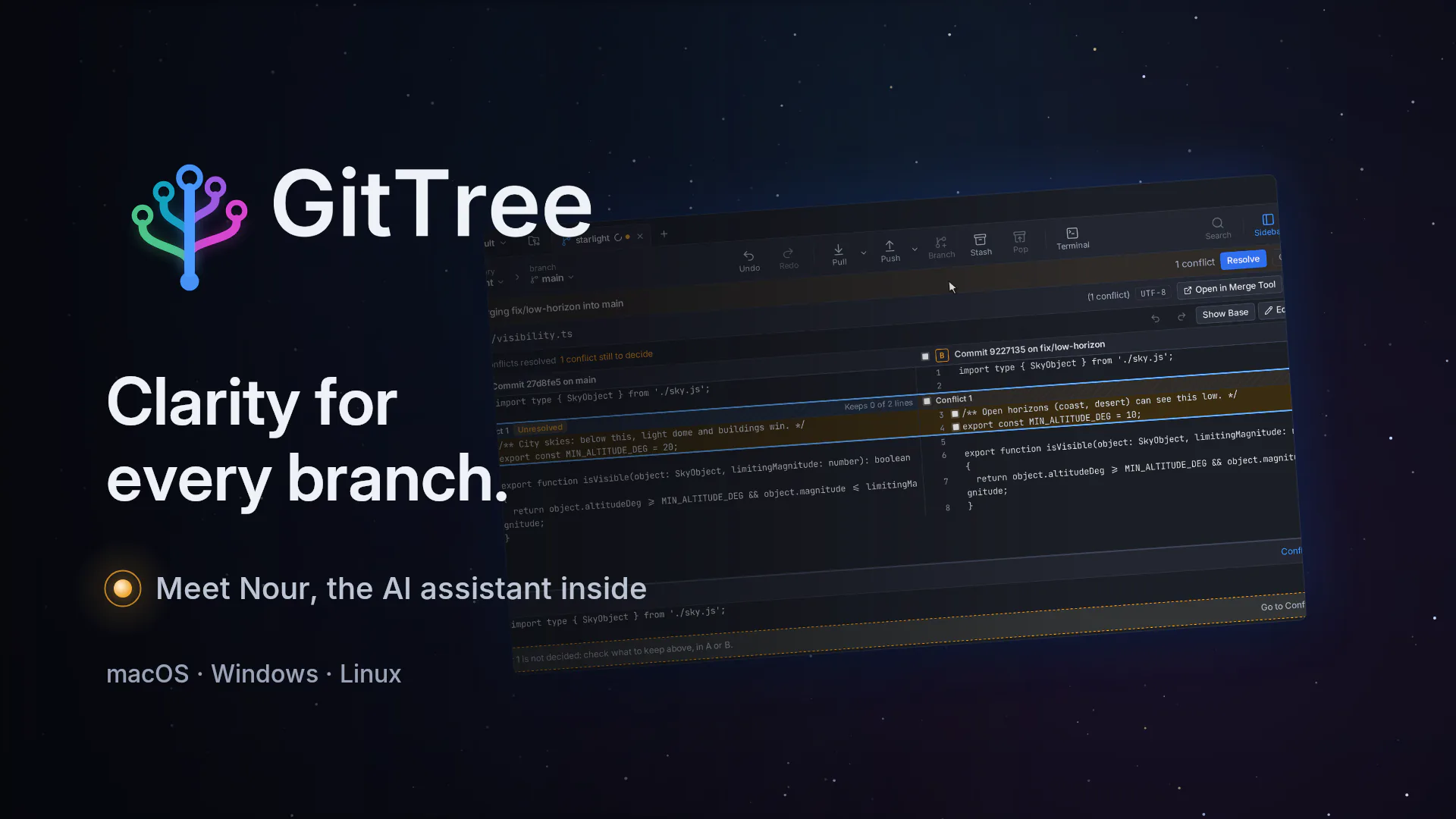 الصورة المصغّرة لفيديو جولة GitTree: شعار GitTree وعبارة «وضوح لكل فرع» و«تعرّف على نور، مساعد الذكاء الاصطناعي في التطبيق» ومحرر تعارضات الدمج الثلاثي، لأنظمة macOS وWindows وLinux