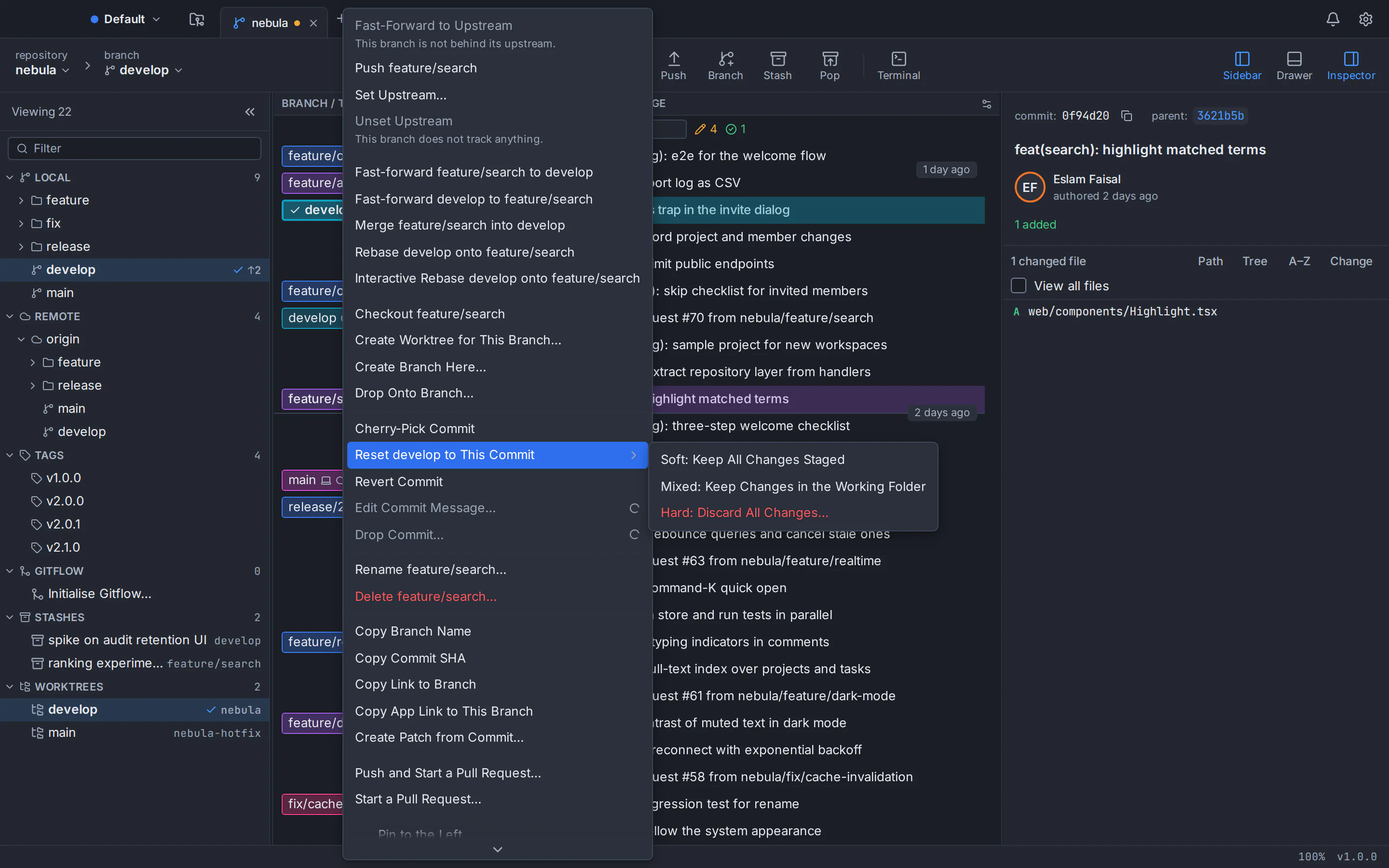 Git Tree branch menu with merge, rebase, interactive rebase, fast-forward and reset options that name both branches