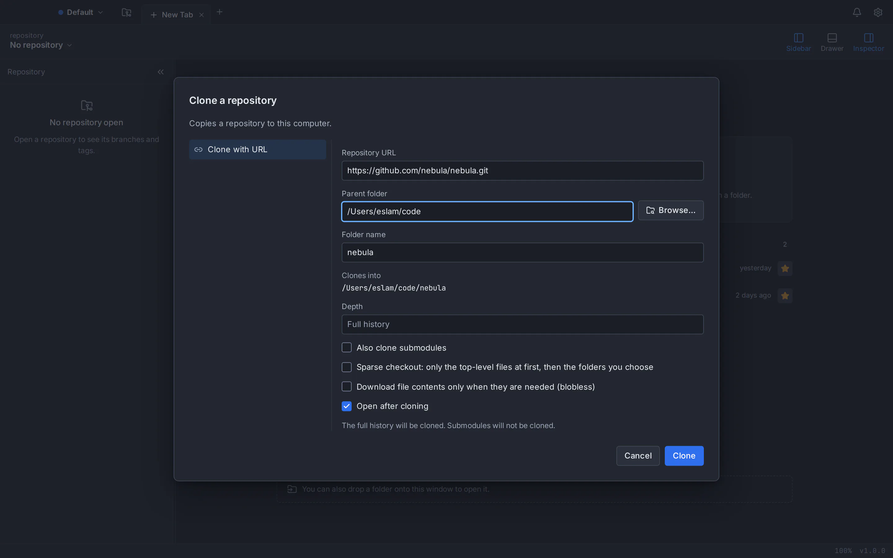 Clone a repository dialog in Git Tree with depth, sparse checkout and blobless options