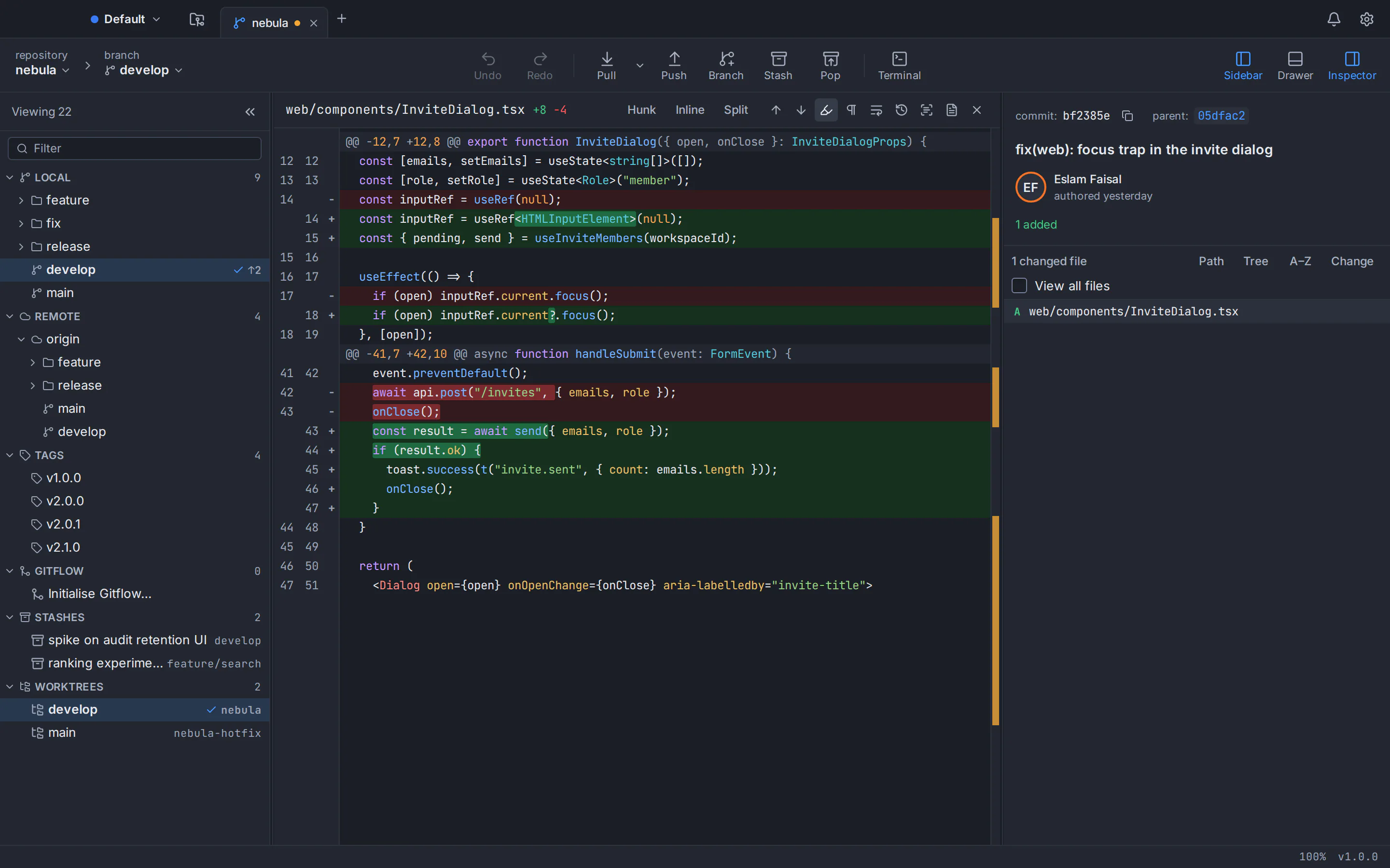 A commit’s changes shown as a side-by-side diff in Git Tree with syntax highlighting