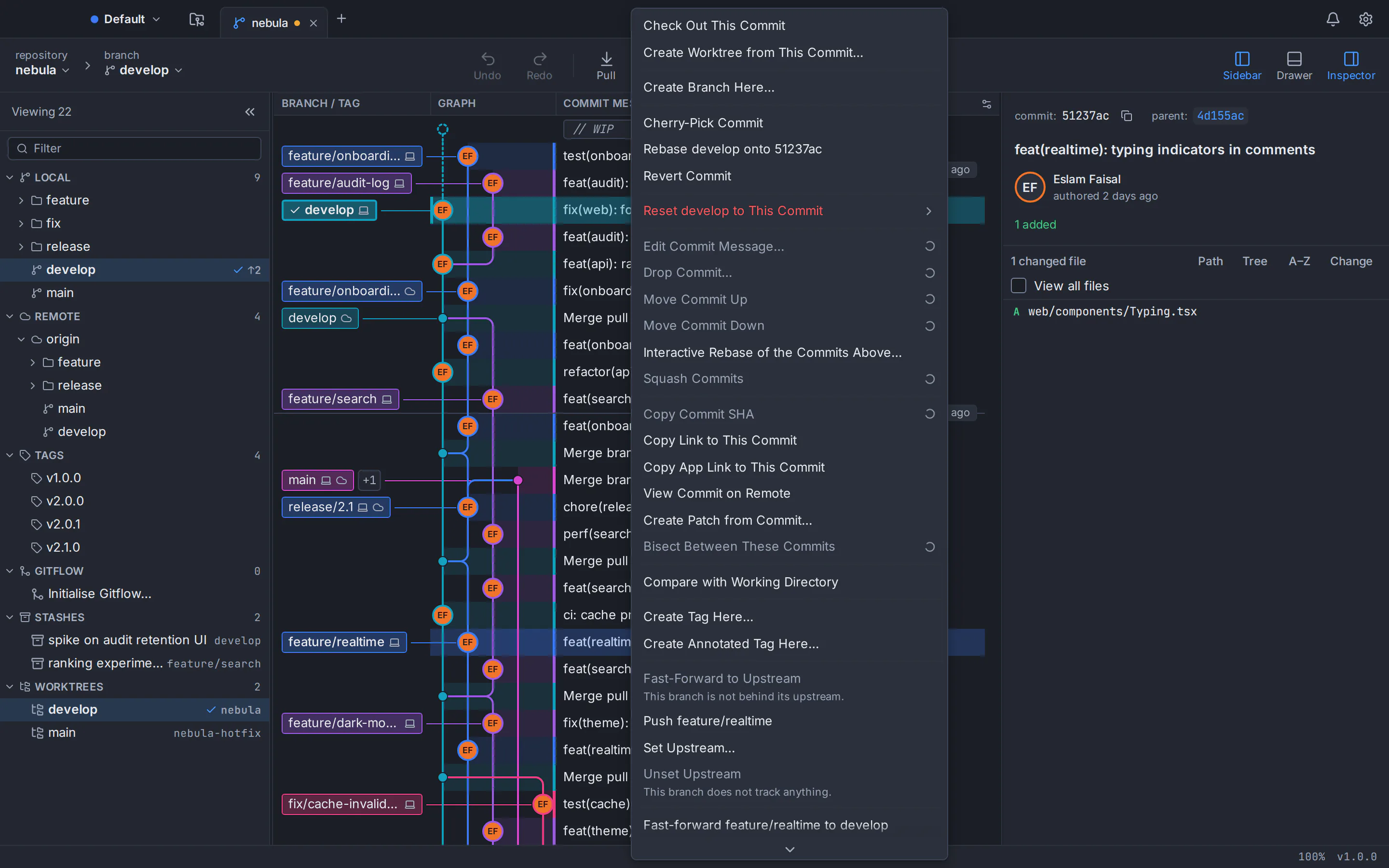 Git Tree commit menu with cherry-pick, revert, create branch, tag and compare actions