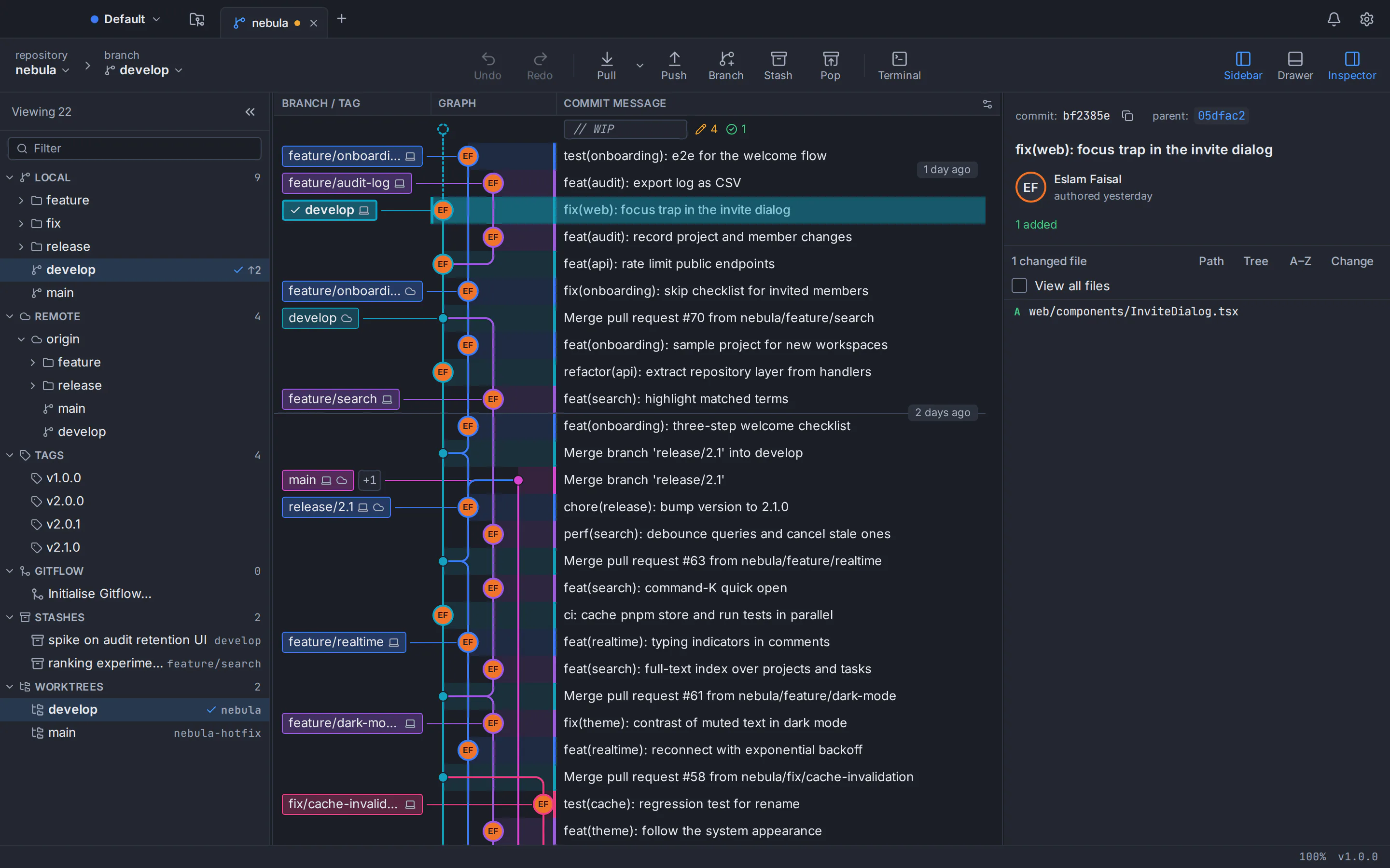 Git Tree commit graph with colour-coded branch lanes, branch and tag labels, the reference sidebar and the commit details panel