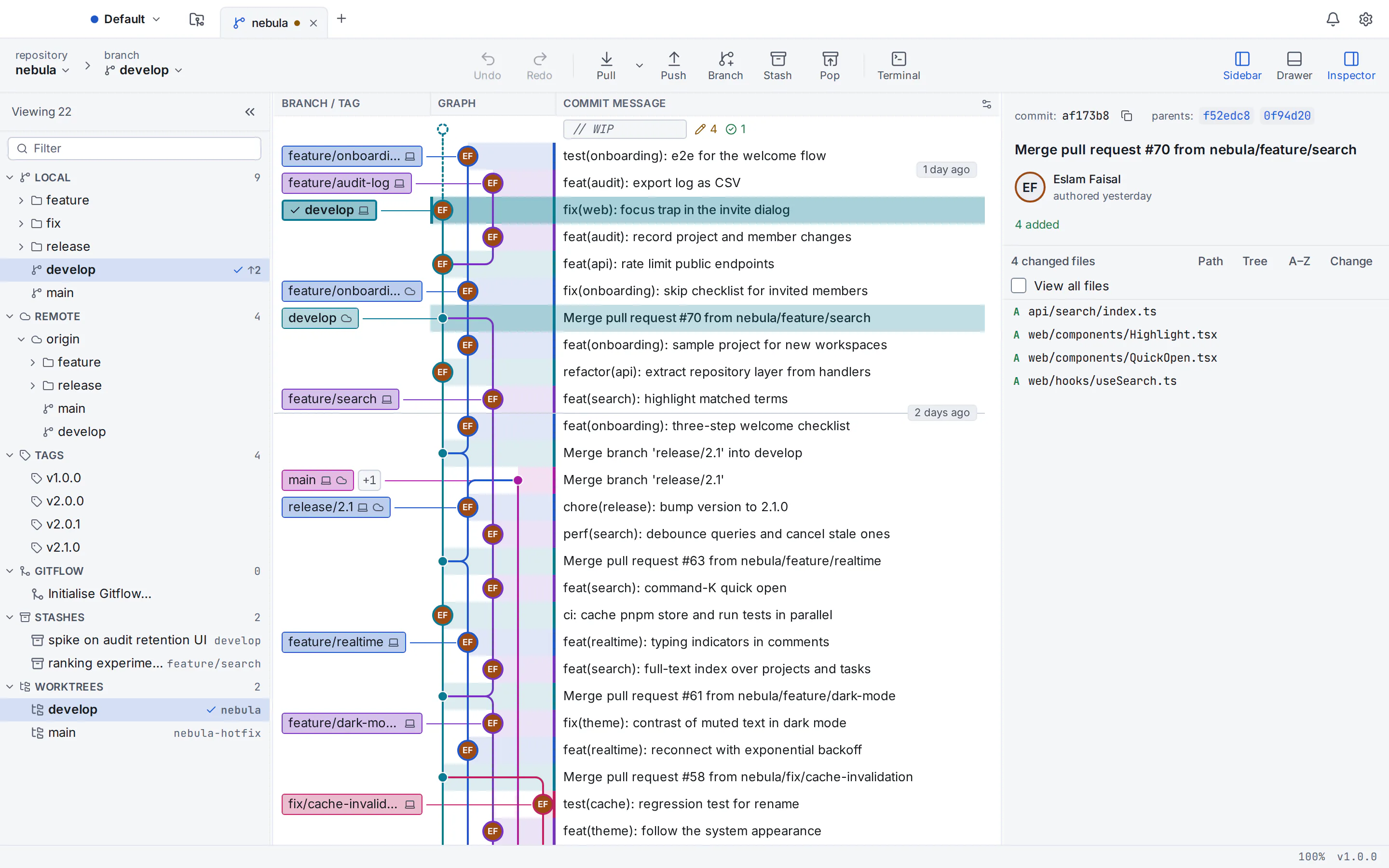 Git Tree commit graph in the light theme with a merge commit selected
