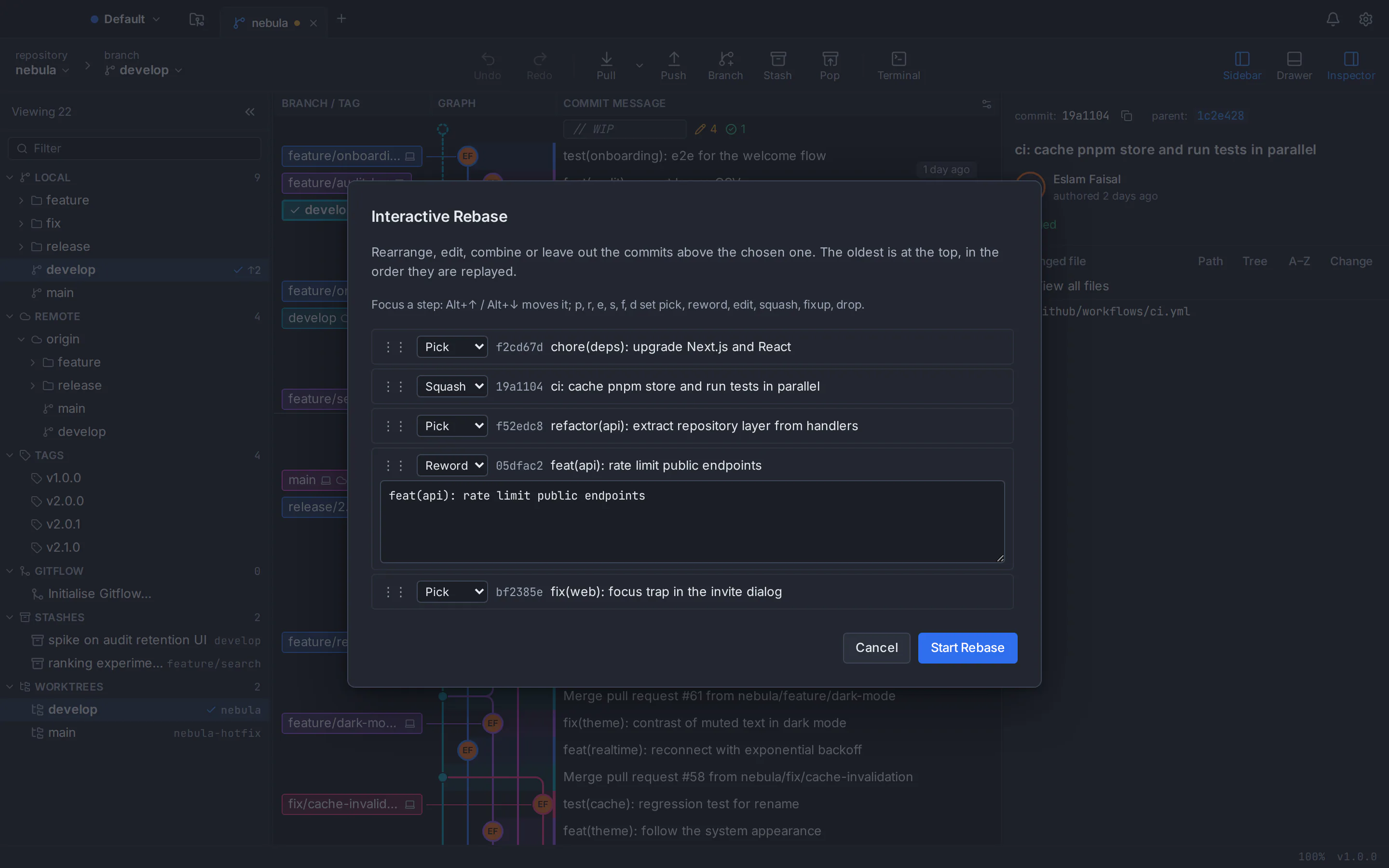 Git Tree interactive rebase editor with pick, squash and reword steps