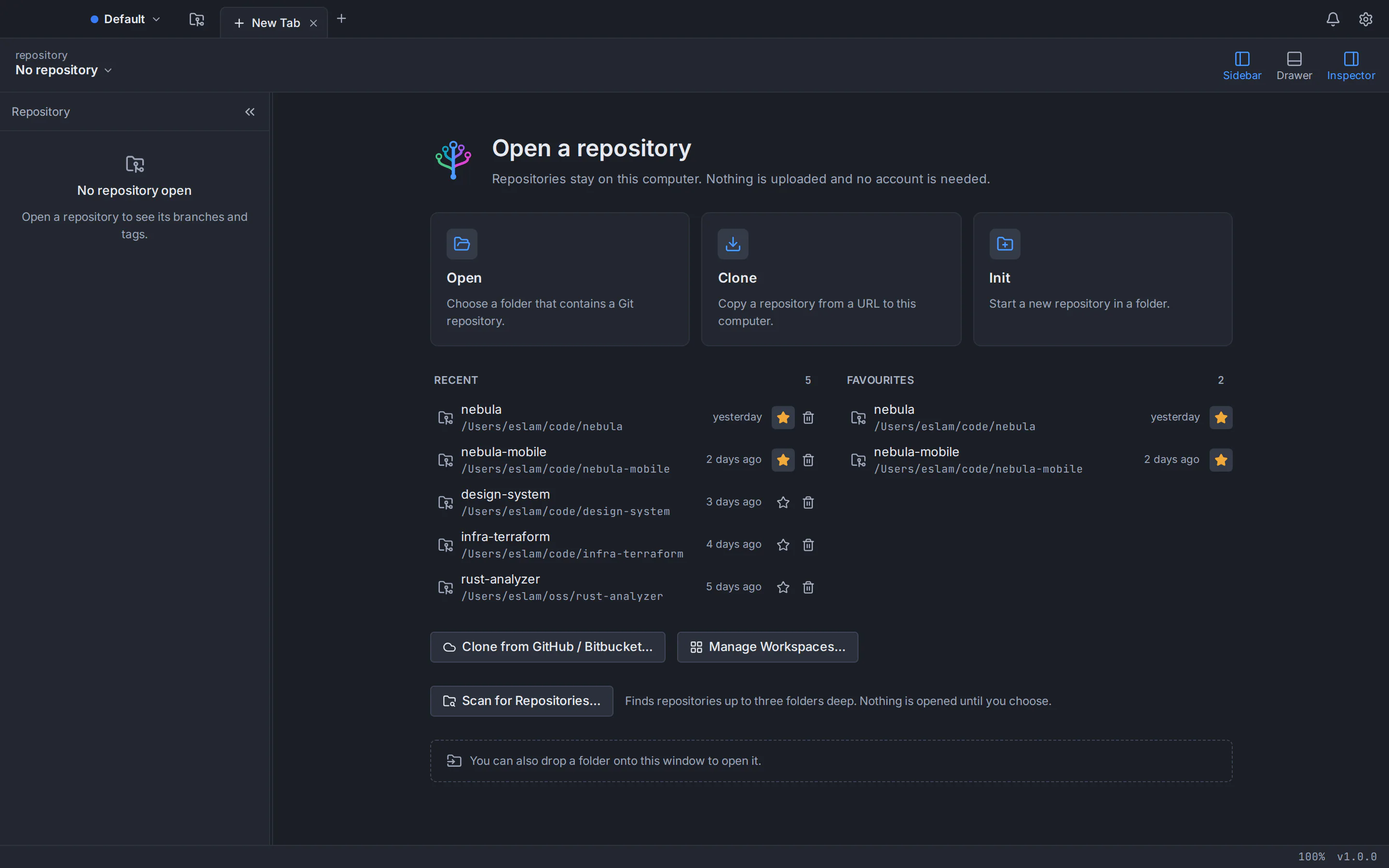 Git Tree start page with Open, Clone and Init actions, recent and favourite repositories
