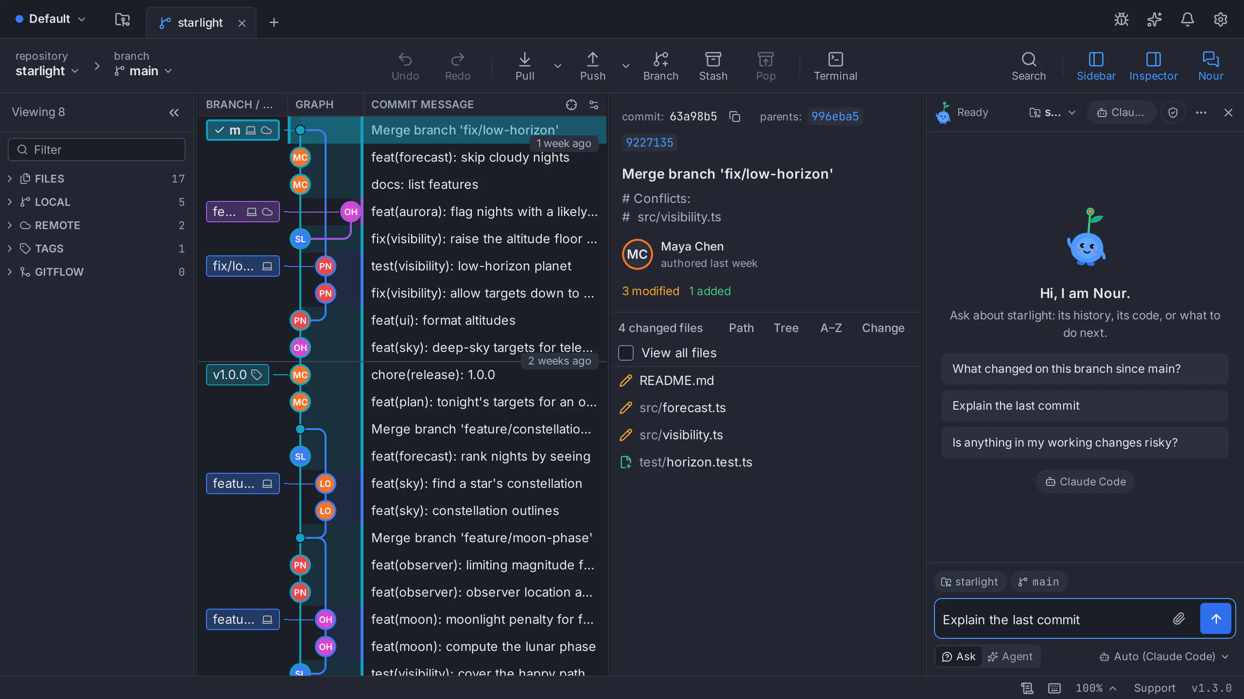 GitTree-Produkttour: Das Commit-Diagramm eines Repositorys mit Nour, dem KI-Assistenten, daneben angedockt