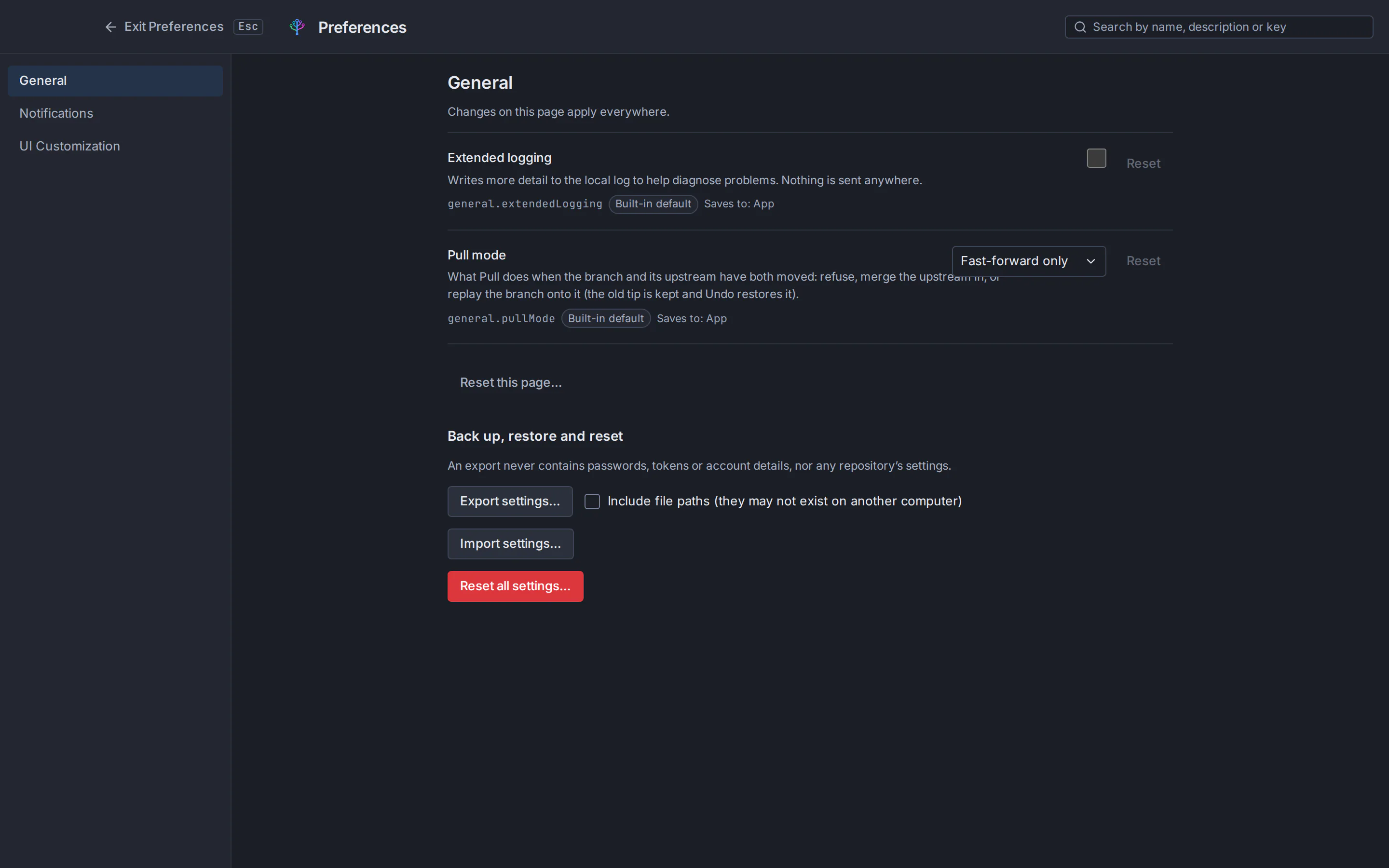 Git Tree preferences with searchable settings and a per-setting reset