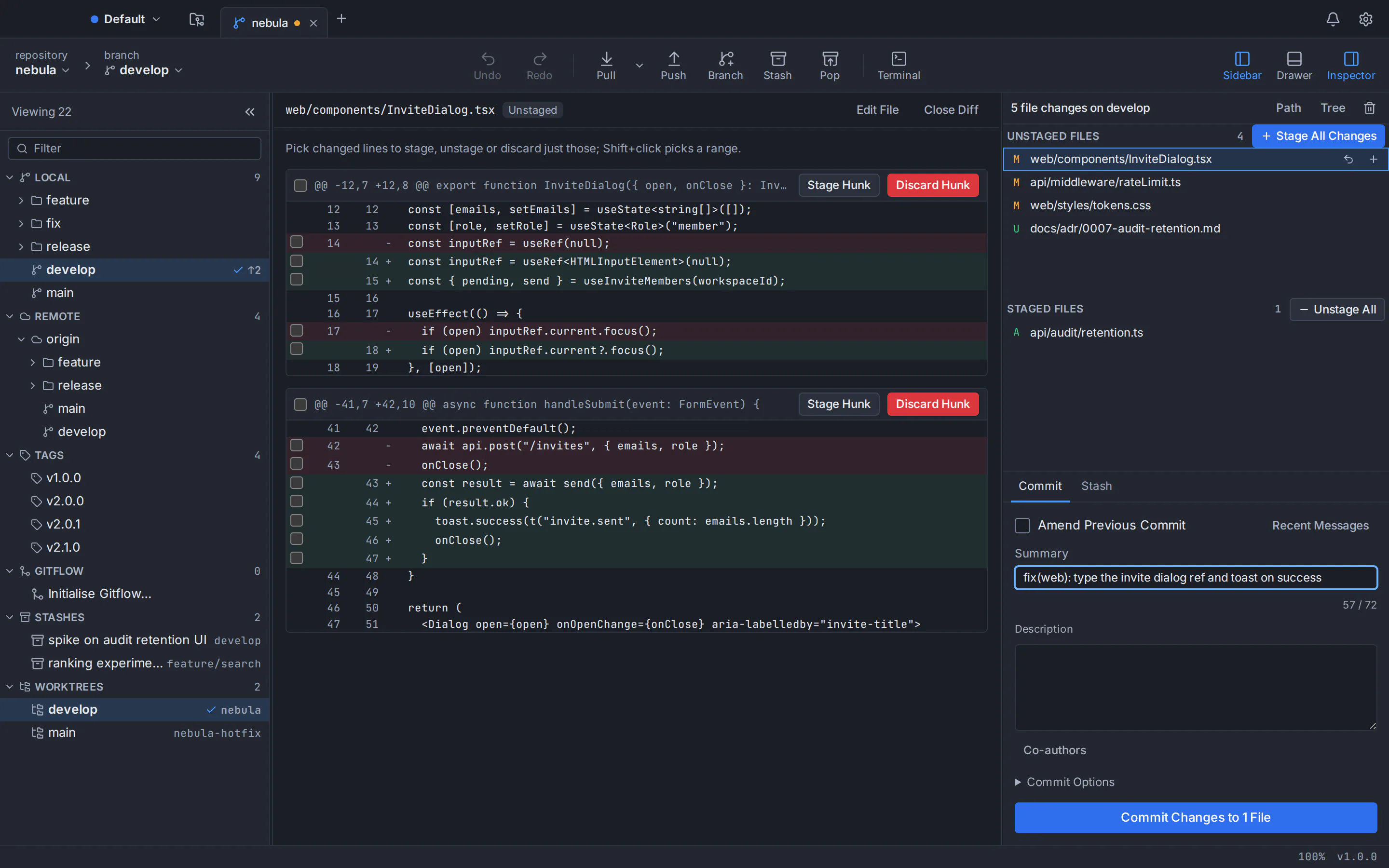 Writing a commit message in Git Tree with a live 72-character summary counter