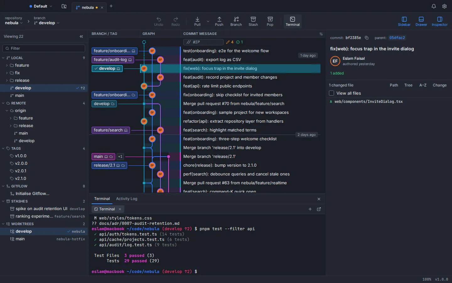 Built-in terminal docked under the commit graph in Git Tree